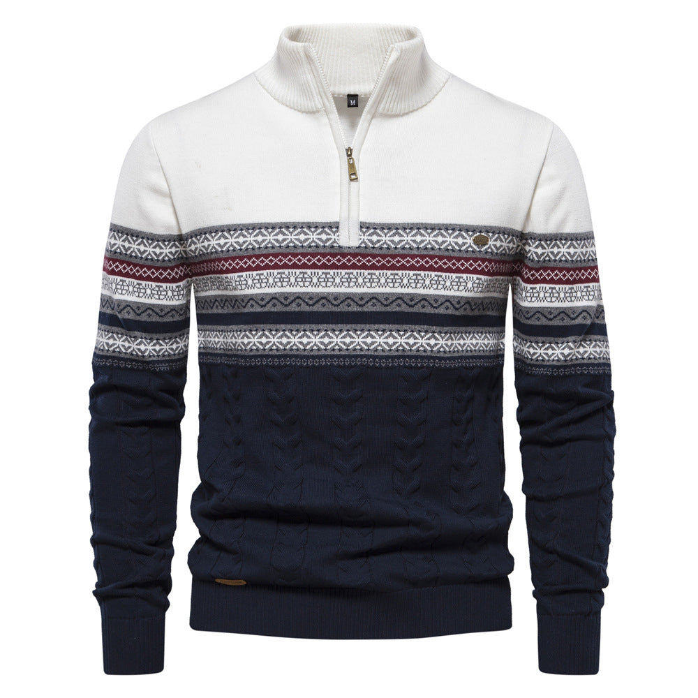 Men's Fair Isle Half Zip Jumper with Cable Knit Hem