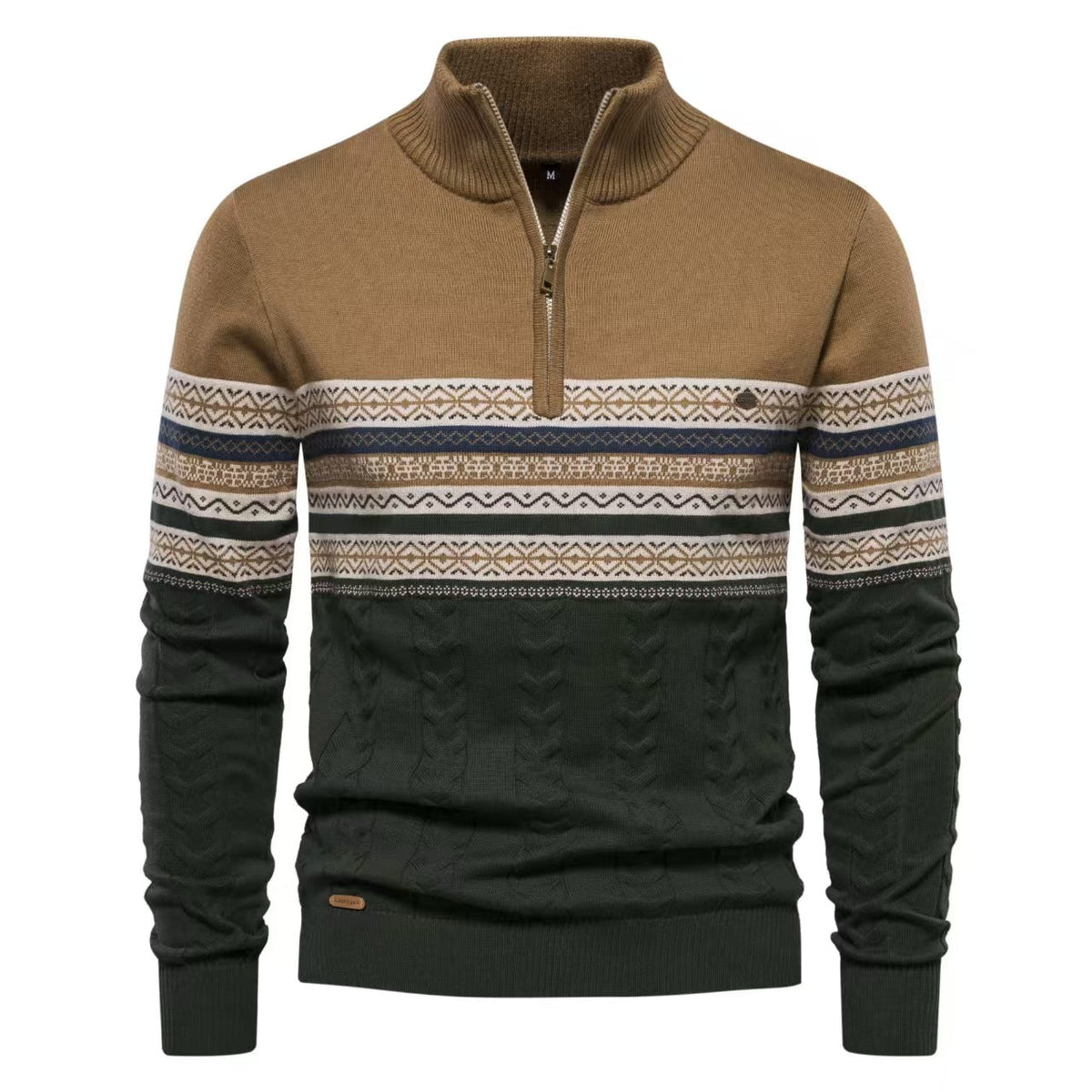 Men's Fair Isle Half Zip Jumper with Cable Knit Hem