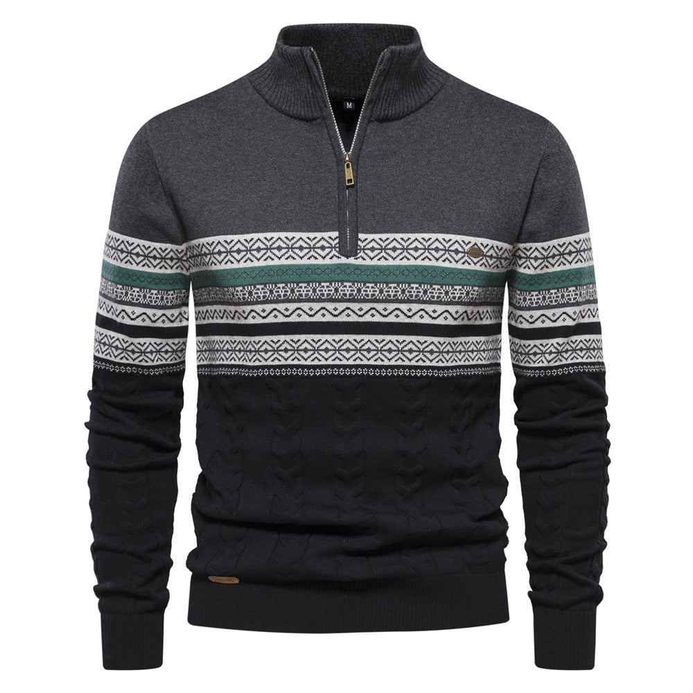 Men's Fair Isle Half Zip Jumper with Cable Knit Hem