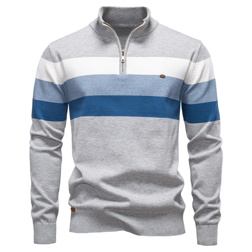 Men's Quarter Zip Striped Jumper with Stand Collar