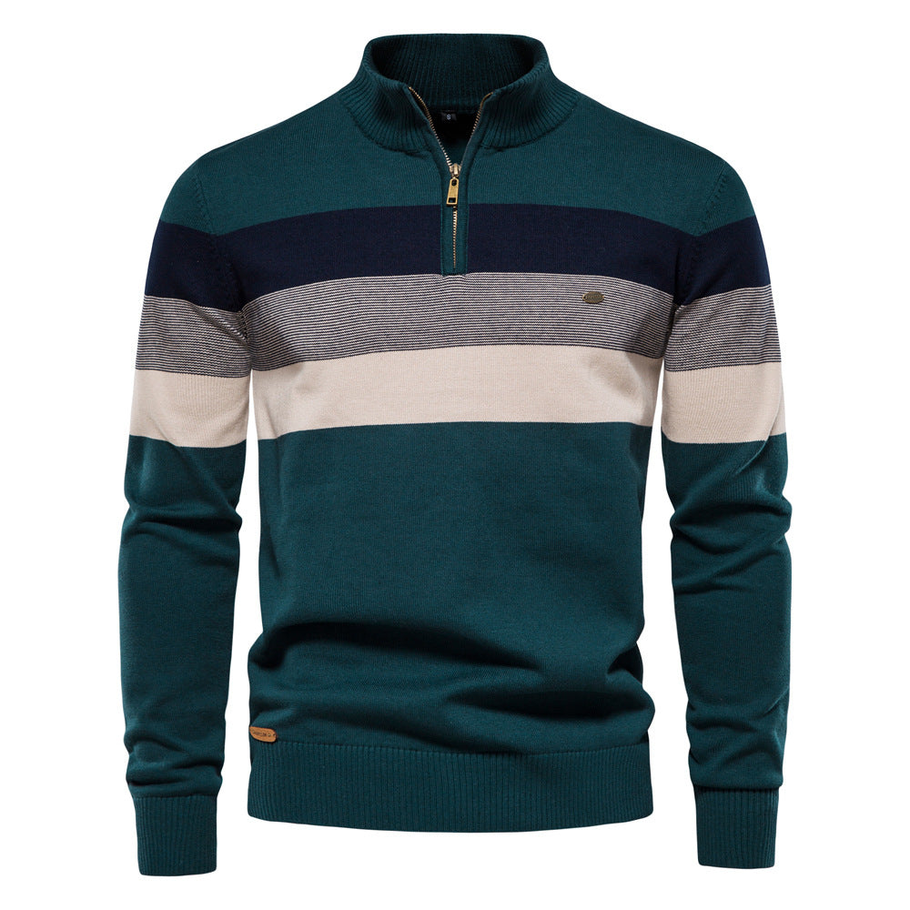 Men's Quarter Zip Striped Jumper with Stand Collar