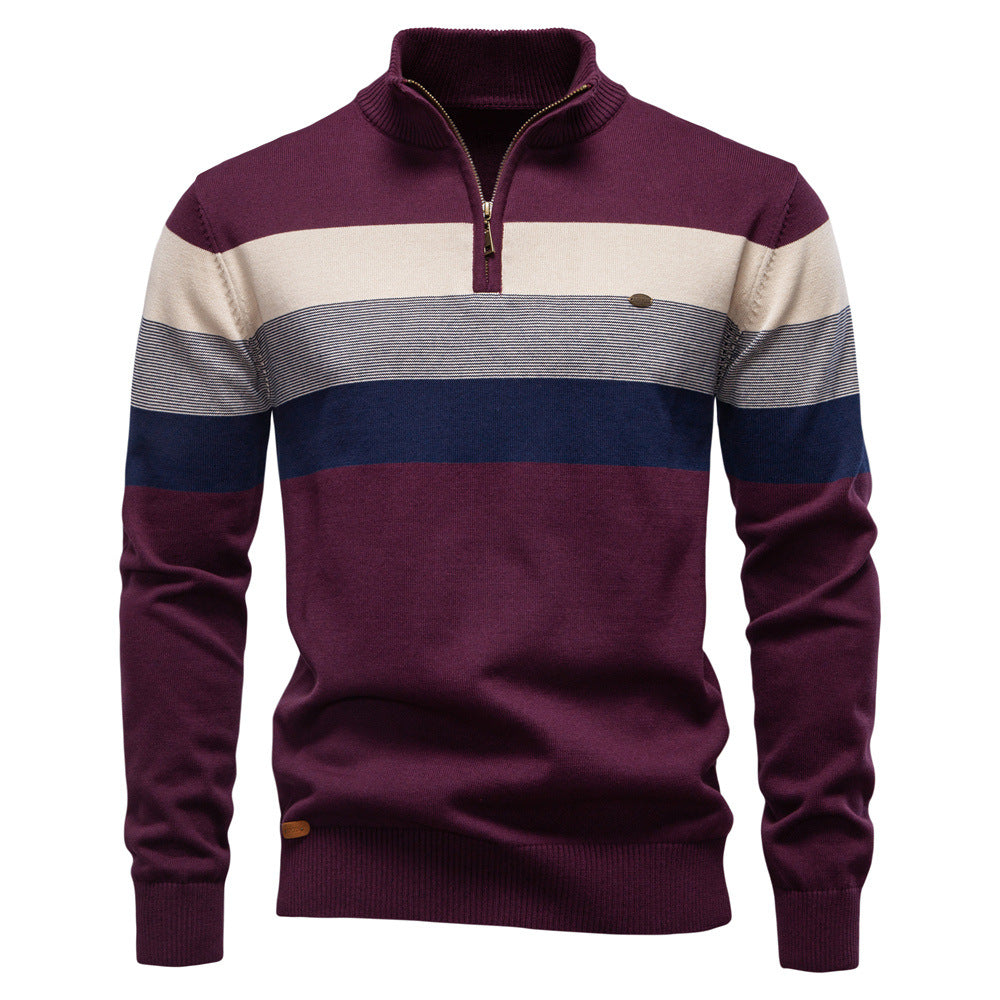 Men's Quarter Zip Striped Jumper with Stand Collar
