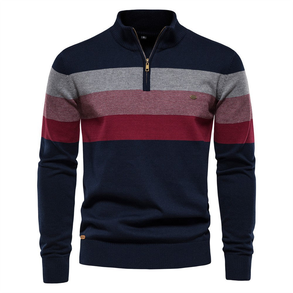 Men's Quarter Zip Striped Jumper with Stand Collar