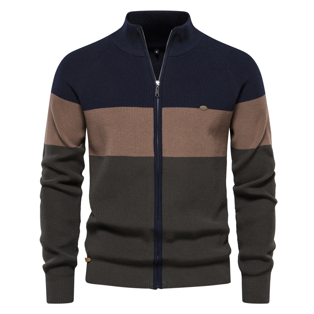 Men's Colour Block Full Zip Jumper with Stand Collar