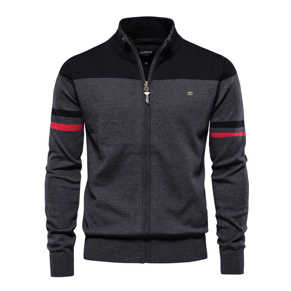 Men's Full Zip Jumper with Stand Collar and Striped Sleeve Detailing