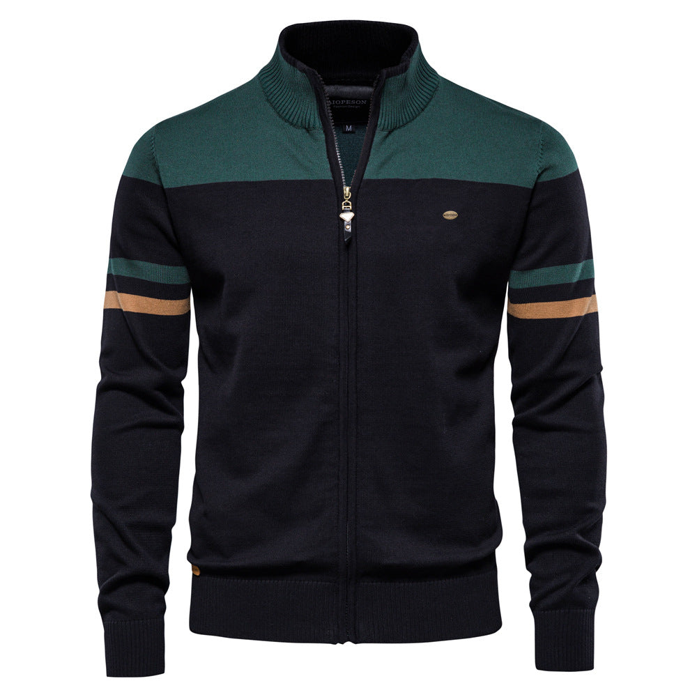 Men's Full Zip Jumper with Stand Collar and Striped Sleeve Detailing