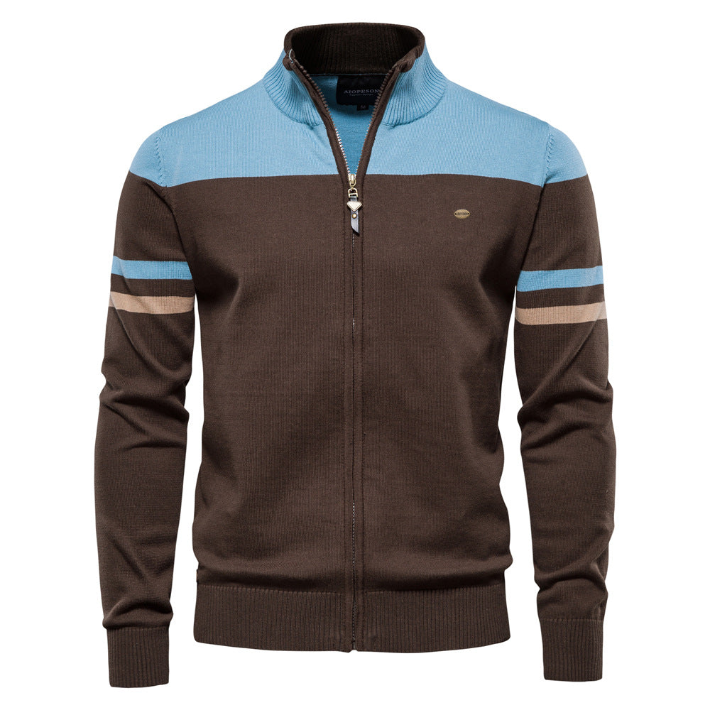 Men's Full Zip Jumper with Stand Collar and Striped Sleeve Detailing