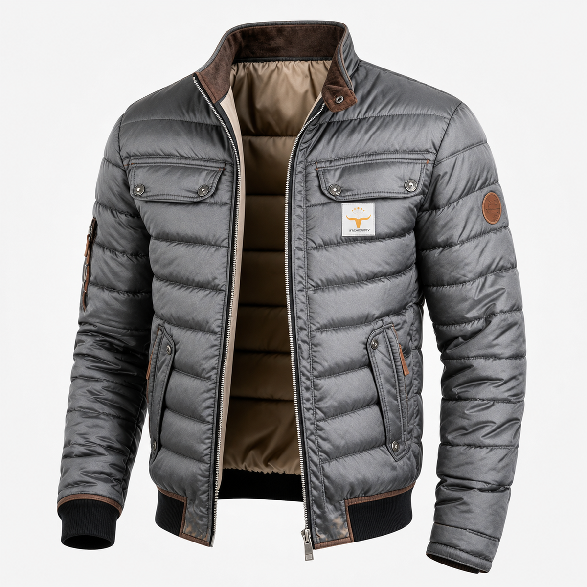 Men's Men's Quilted Jacket with Stand Collar and Zip Front in Grey