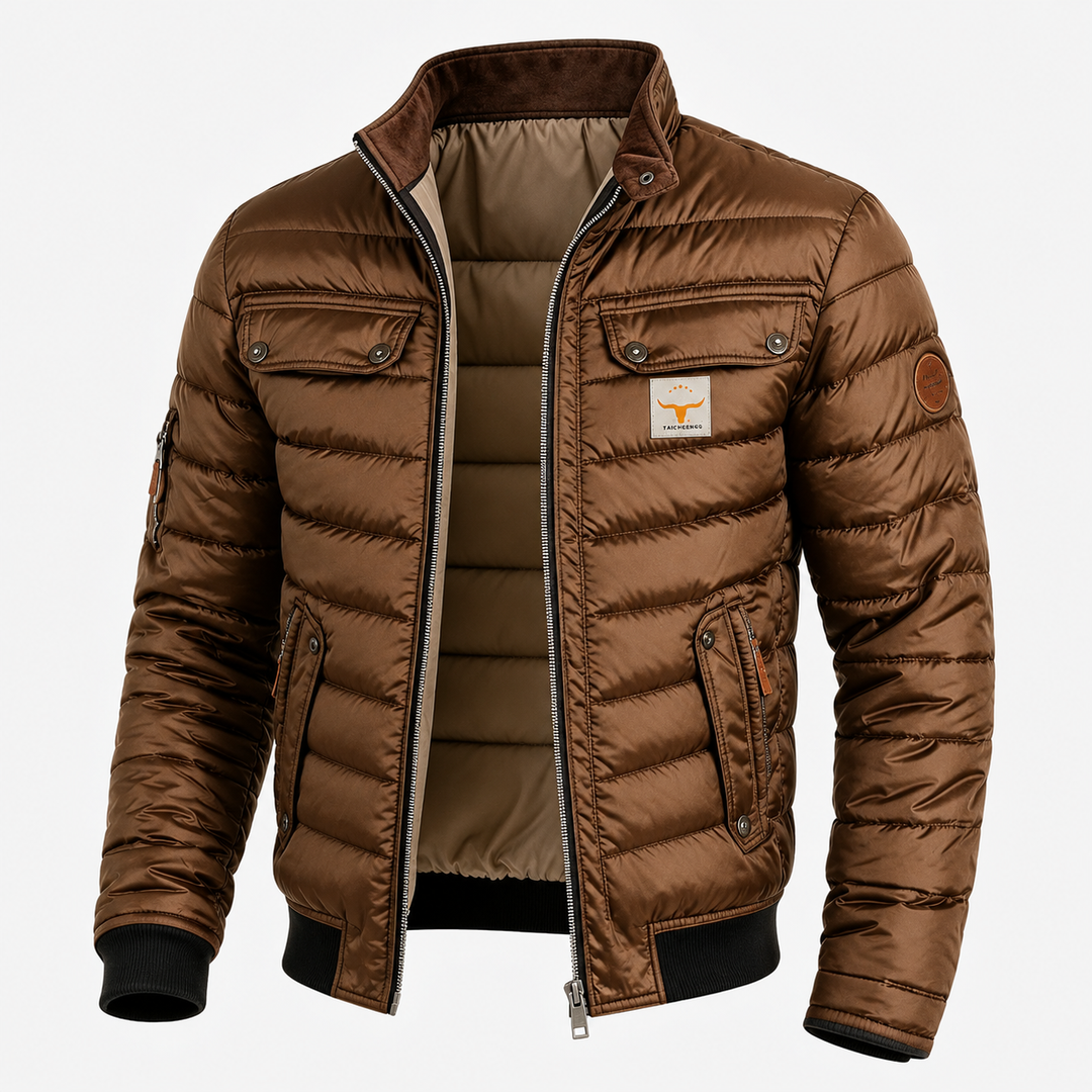 Men's Men's Quilted Jacket with Stand Collar and Zip Front in Brown