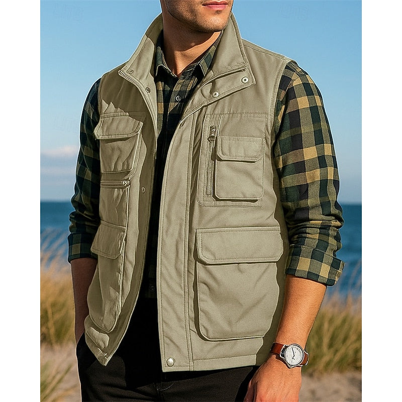 Tobias | Men's Multi-Pocket Utility Gilet with Zip Front in Khaki