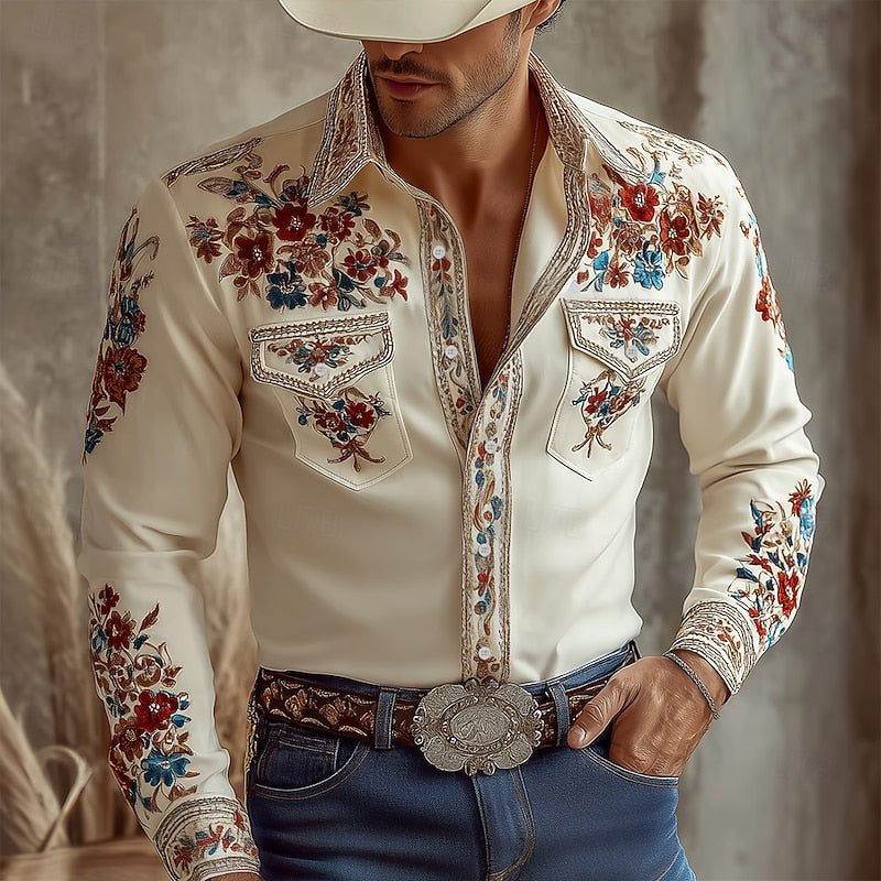 Nathan | Men's Embroidered Western Shirt with Classic Collar in Beige