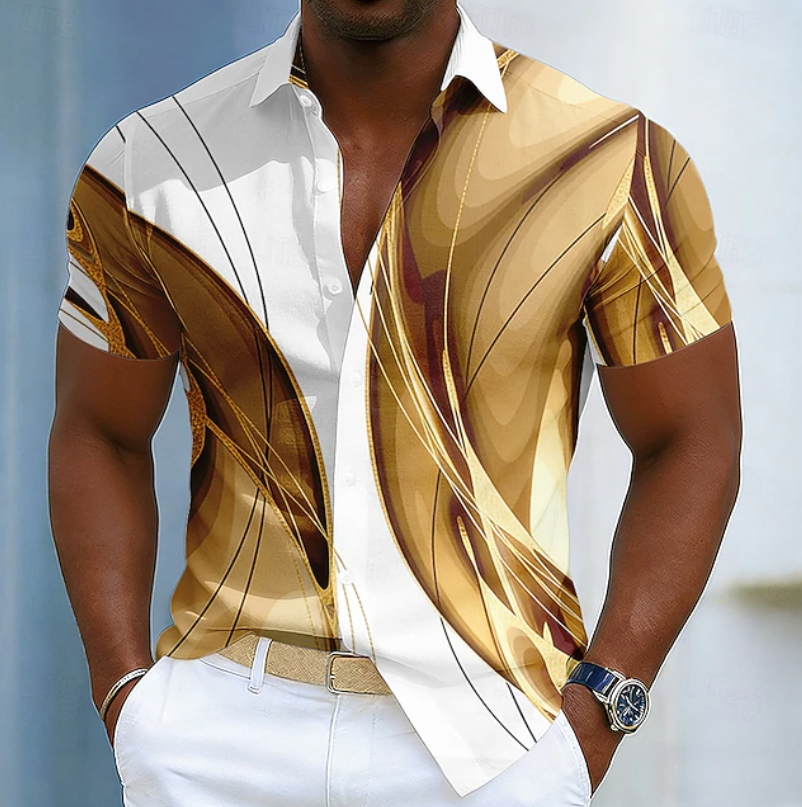 Everett | Men's Linear-Pattern Shirt with Structured Collar in Gold