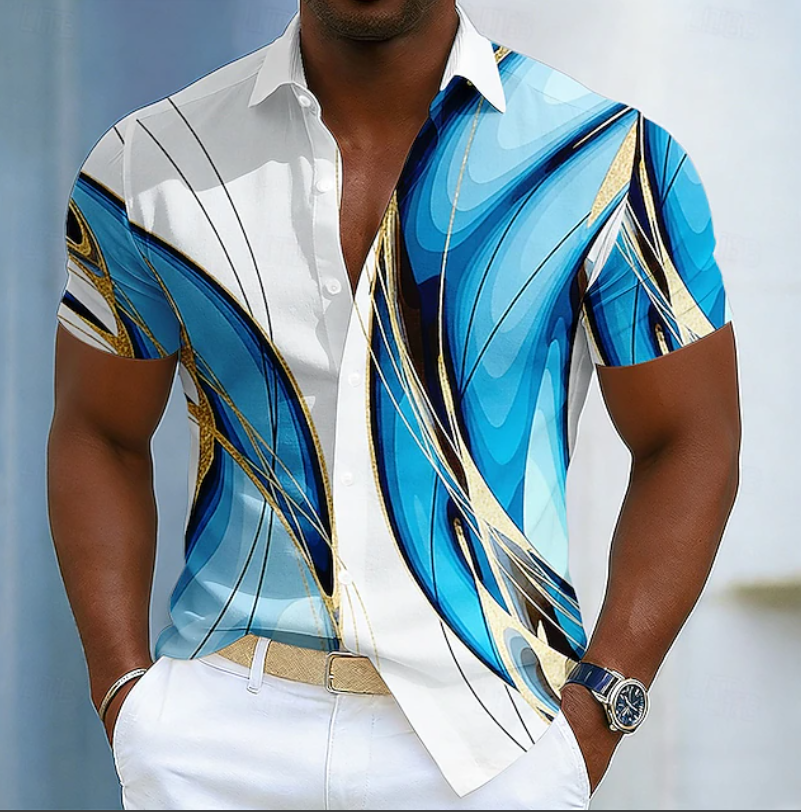 Everett | Men's Linear-Pattern Shirt with Structured Collar in Blue