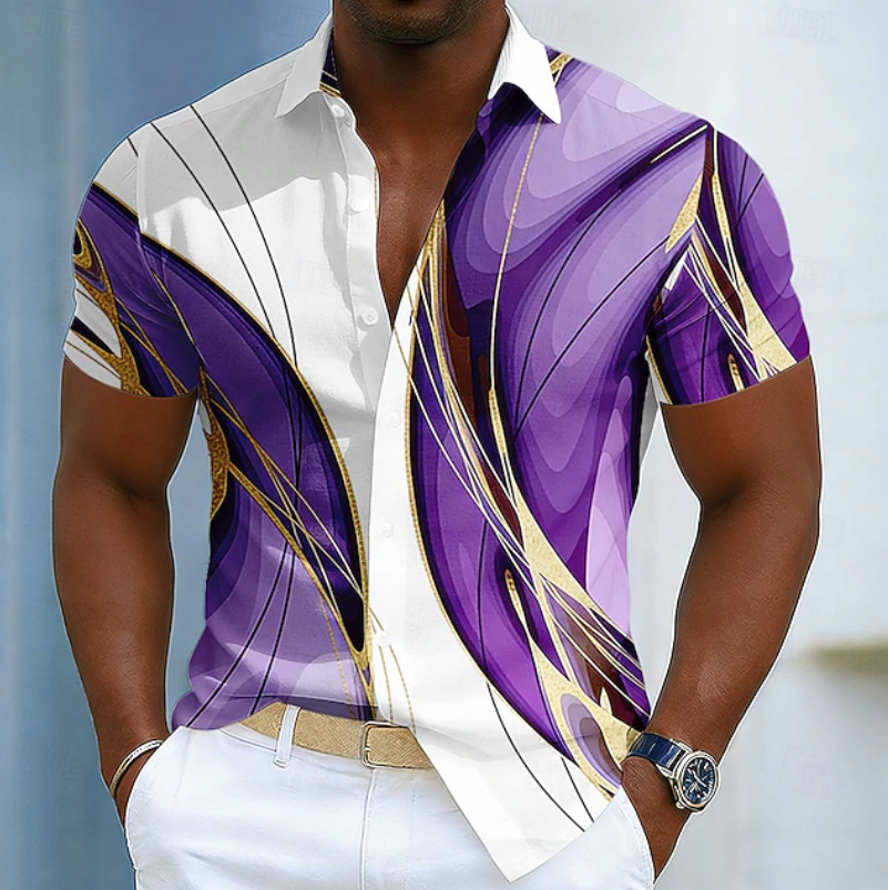 Everett | Men's Linear-Pattern Shirt with Structured Collar in Purple