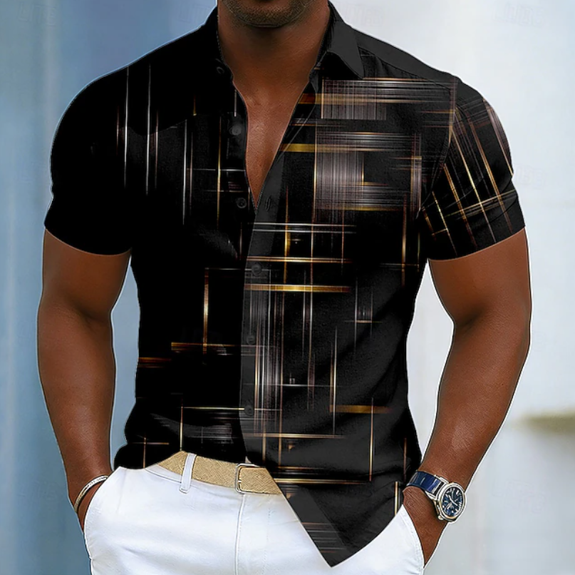 Felix | Men's Geometric Print Short-Sleeve Button Shirt Black