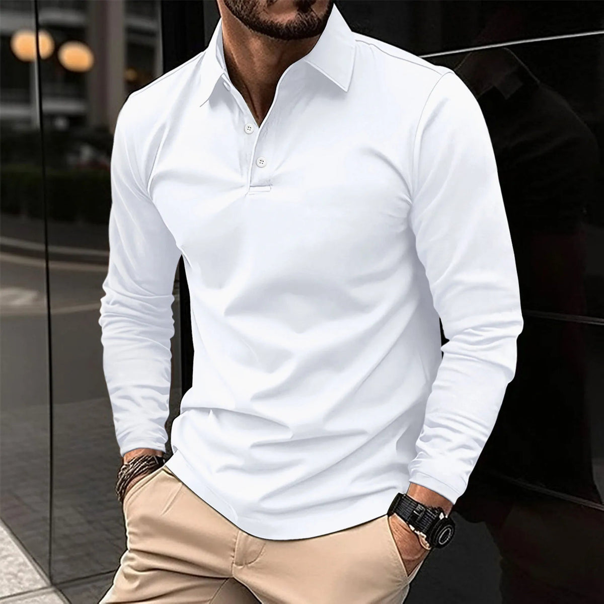Evander | Men's Smart-Casual Long-Sleeve Polo Shirt White