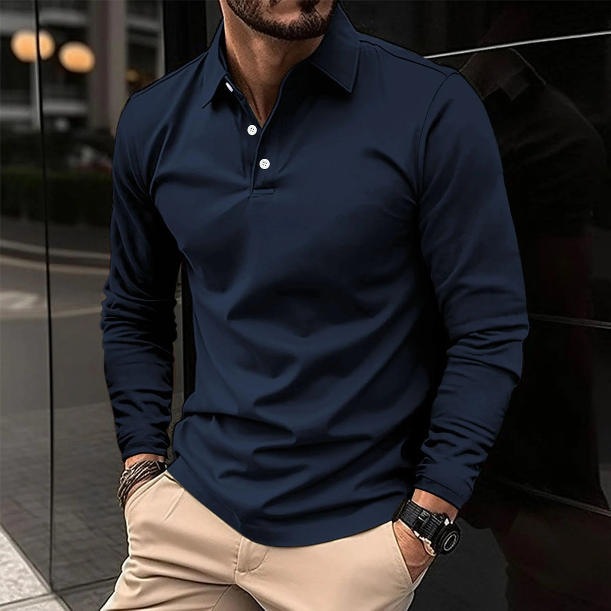 Evander | Men's Smart-Casual Long-Sleeve Polo Shirt Navy Blue