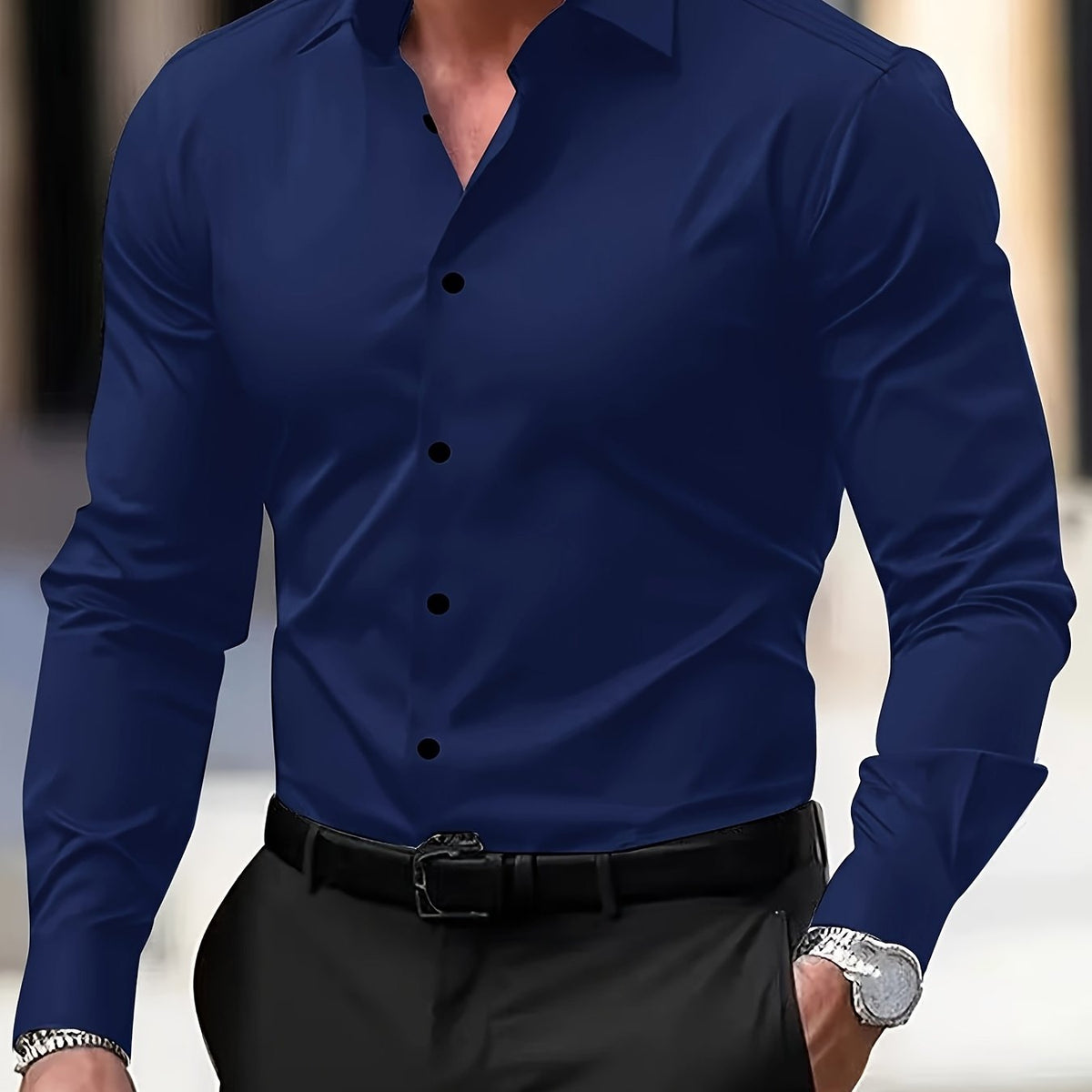 Men's long-sleeve button-up shirt in Navy