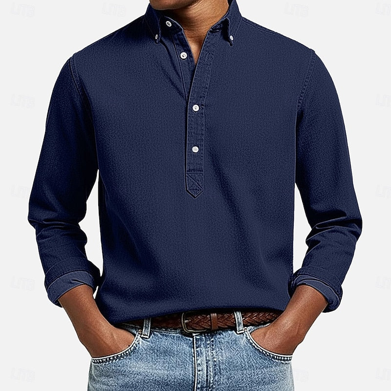 Men's Casual Popover Long-Sleeve Shirt in Navy Blue