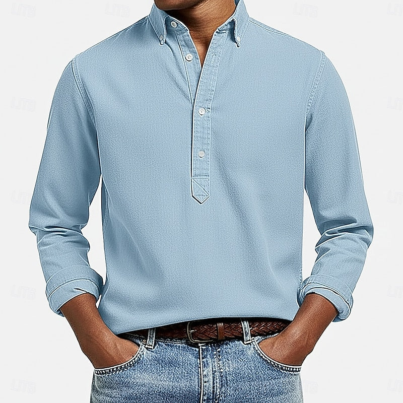 Men's Casual Popover Long-Sleeve Shirt in Light Blue
