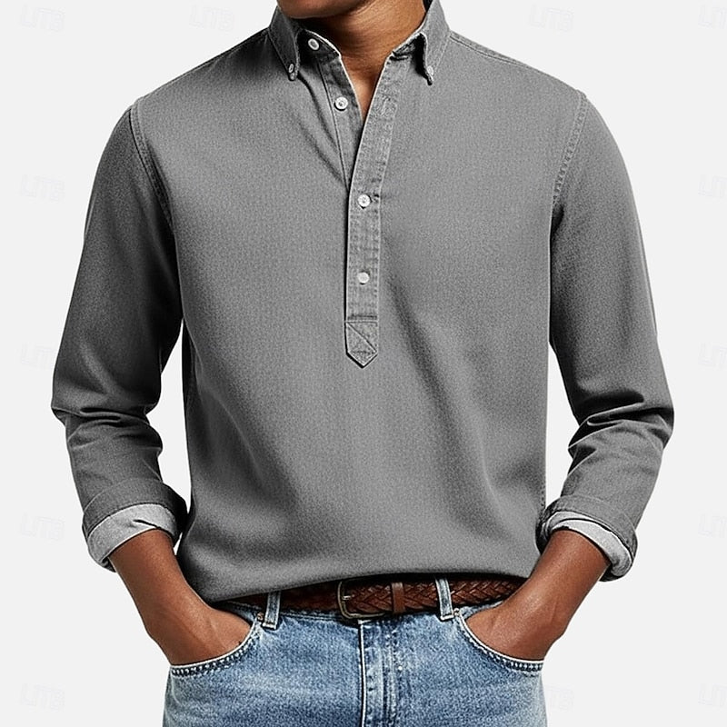 Men's Casual Popover Long-Sleeve Shirt in Grey