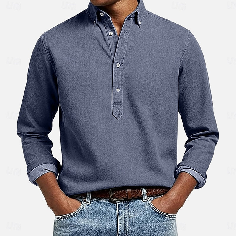 Men's Casual Popover Long-Sleeve Shirt in Denim Blue