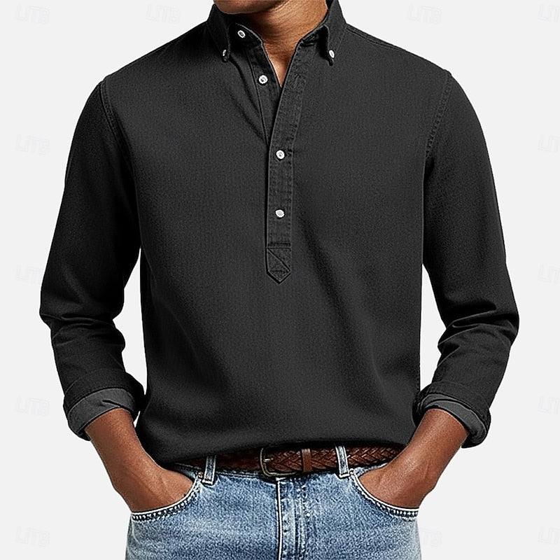 Men's Casual Popover Long-Sleeve Shirt in Black