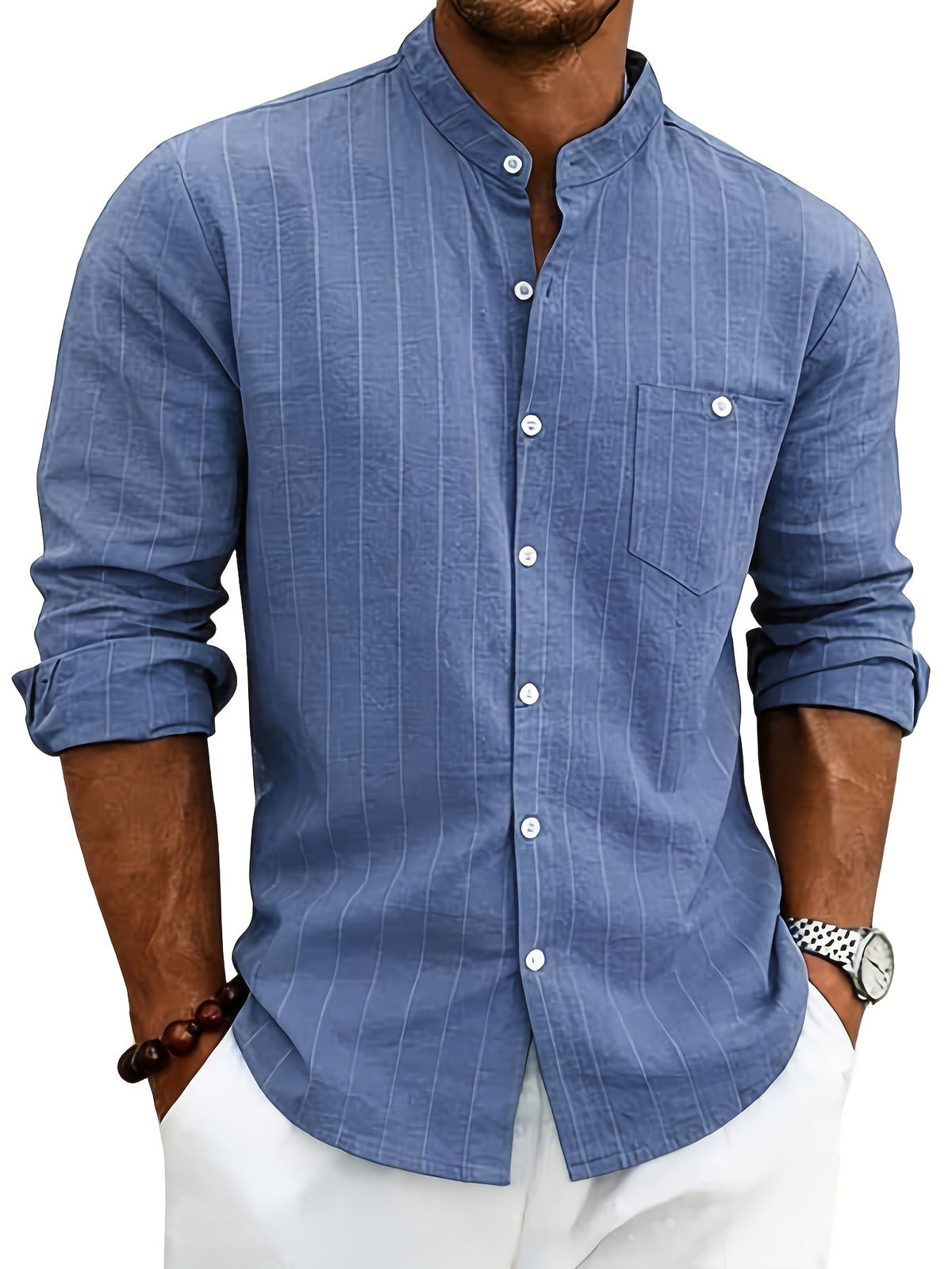 Men's Striped Long-Sleeve Button-Up Shirt in Sky Blue