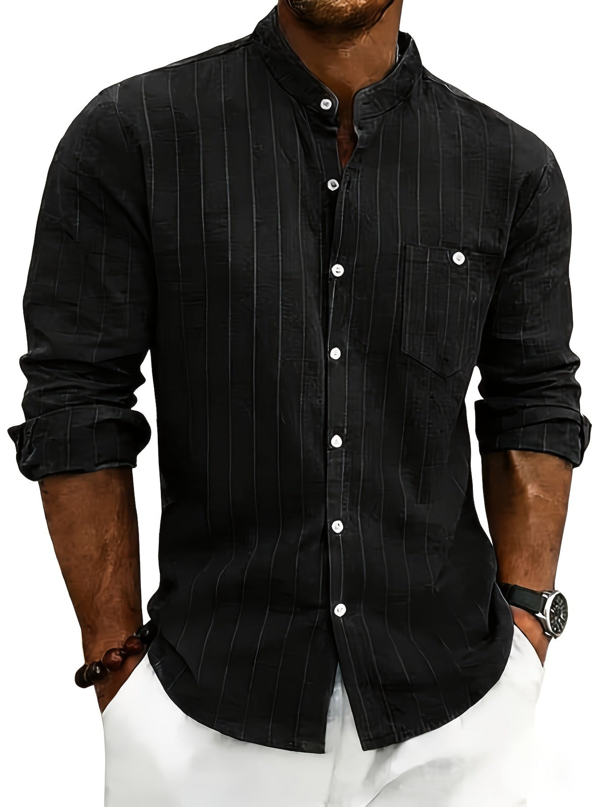Men's Striped Long-Sleeve Button-Up Shirt in Black