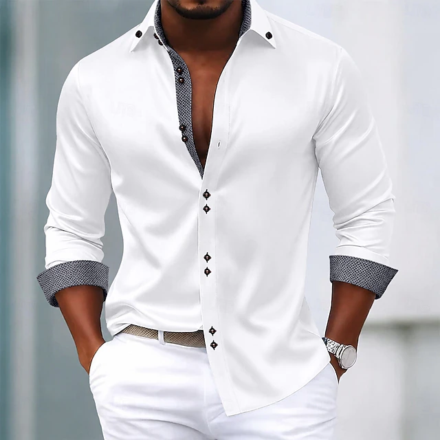 Men's Contrast-Trim Long-Sleeve Shirt in White