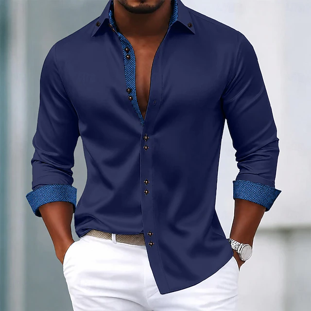Men's Contrast-Trim Long-Sleeve Shirt in Navy Blue