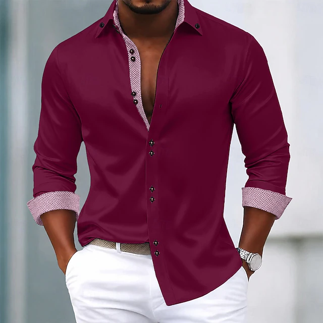 Men's Contrast-Trim Long-Sleeve Shirt in Wine Red