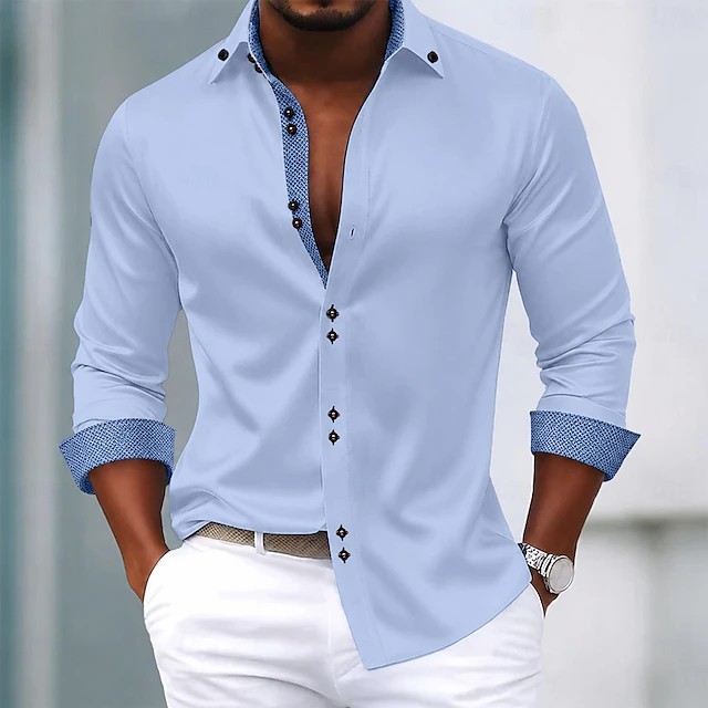 Men's Contrast-Trim Long-Sleeve Shirt in Light Blue