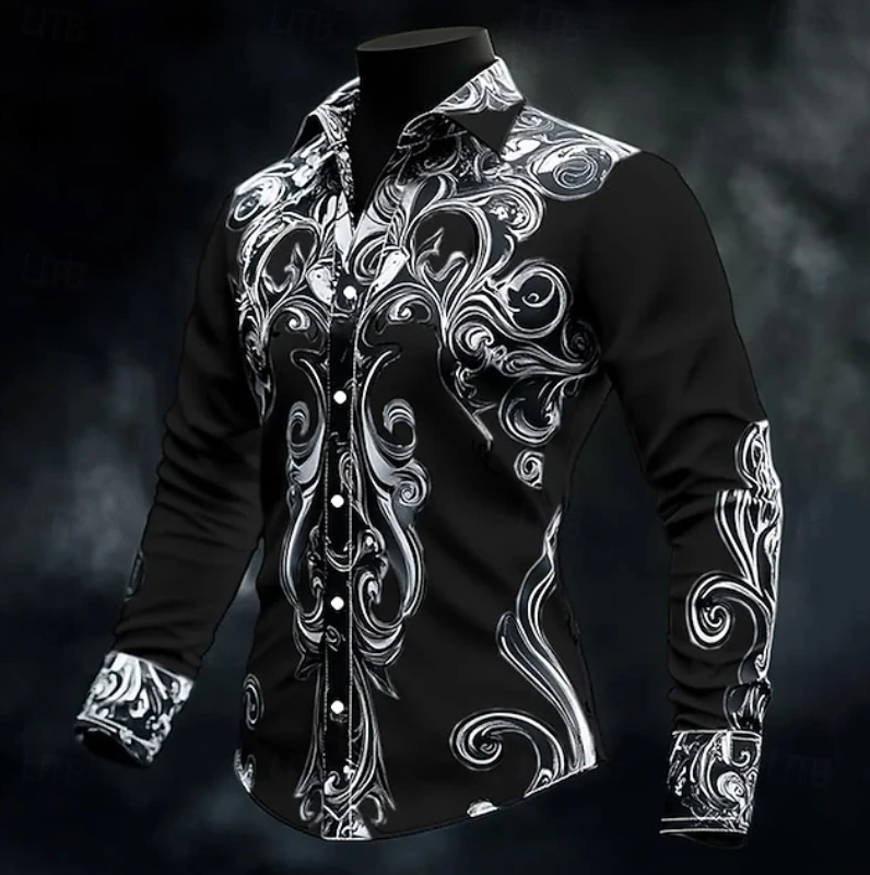 Men's Ornate-Print Long-Sleeve Shirt - Black