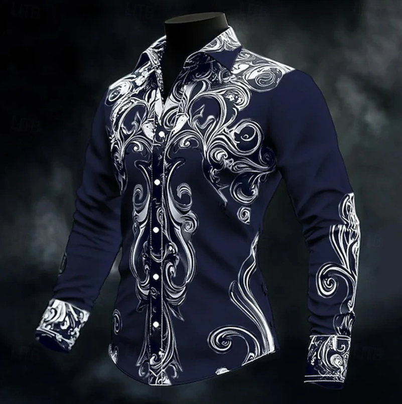 Men's Ornate-Print Long-Sleeve Shirt - Navy Blue