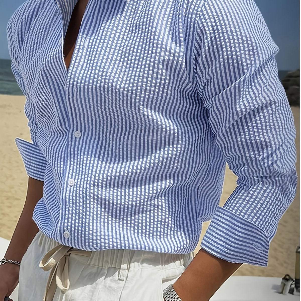 Men's Textured Striped Long-Sleeve Shirt - Blue