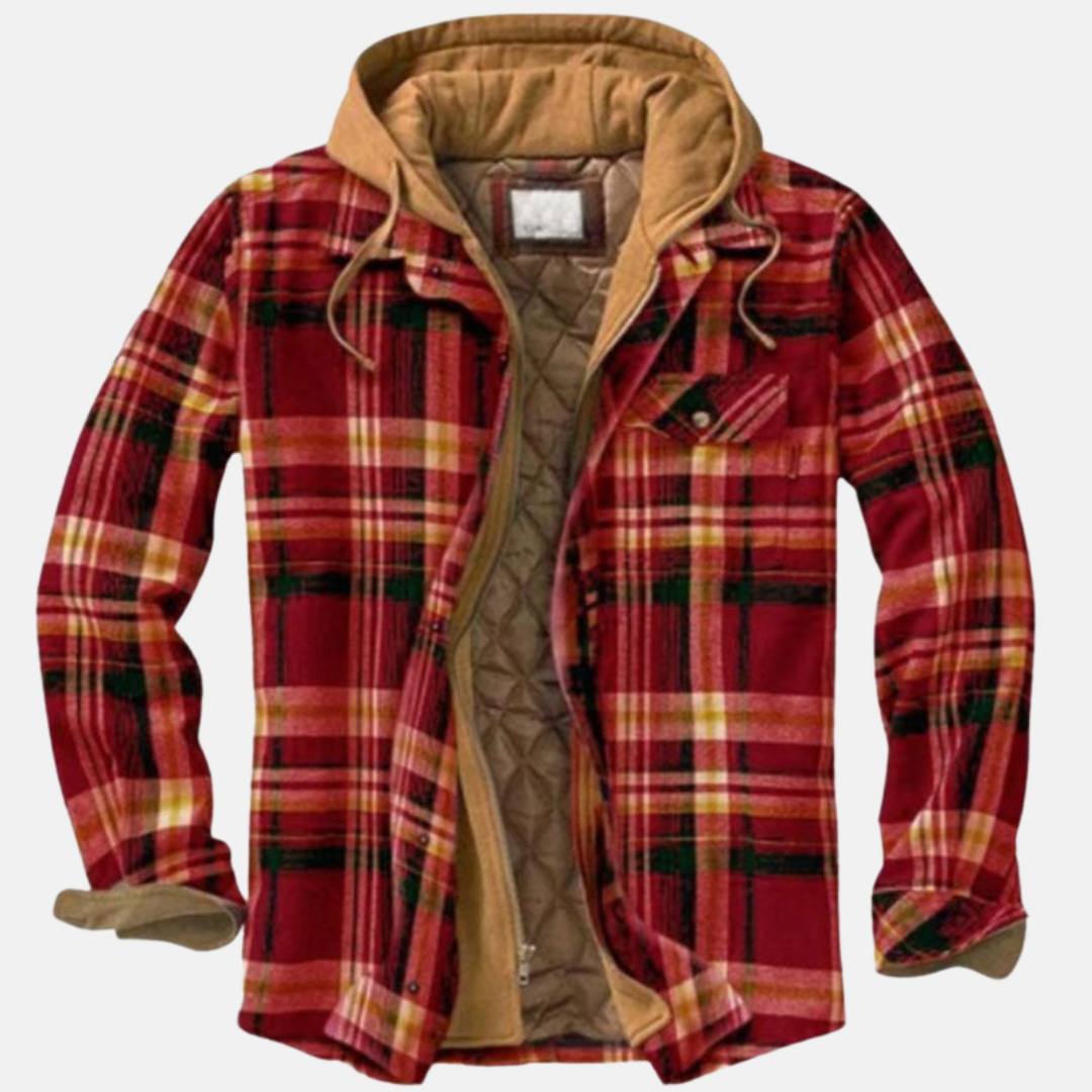 Men's hooded plaid jacket in Red/Khaki