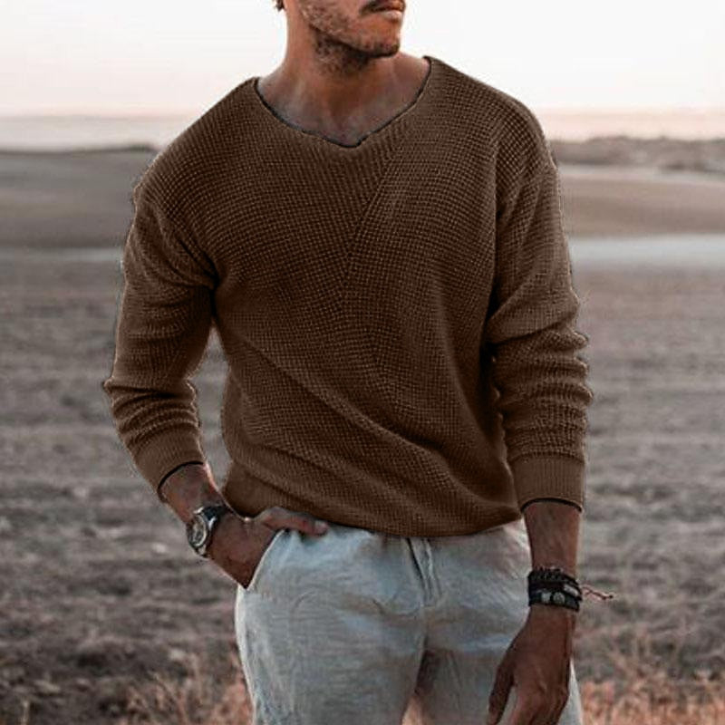Men's Textured V-Neck Jumper Camel