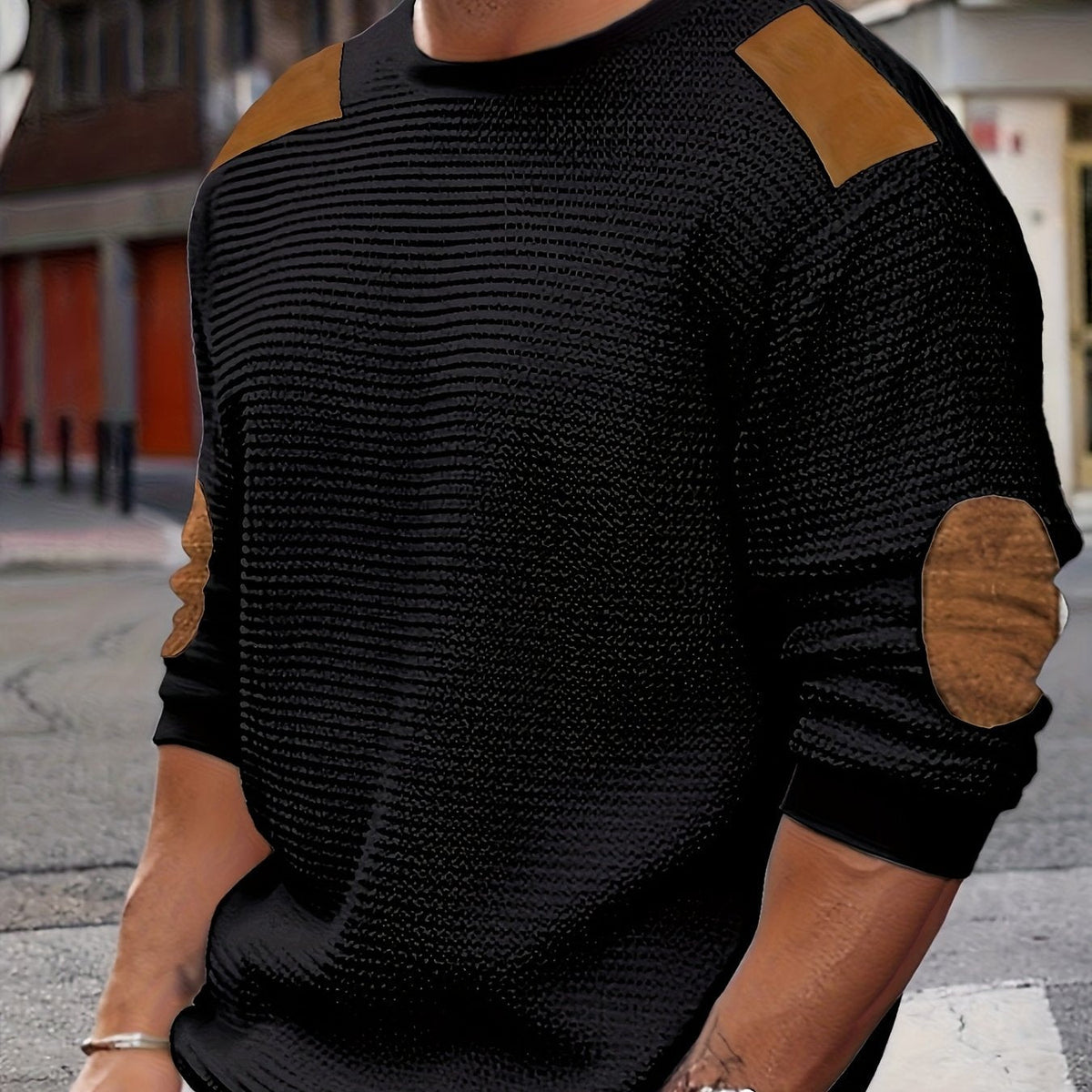 Men's Textured Elbow-Patch Pullover Black
