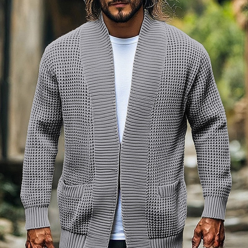 Men’s Open Front Cardigan Waffle Knit with Front Pockets