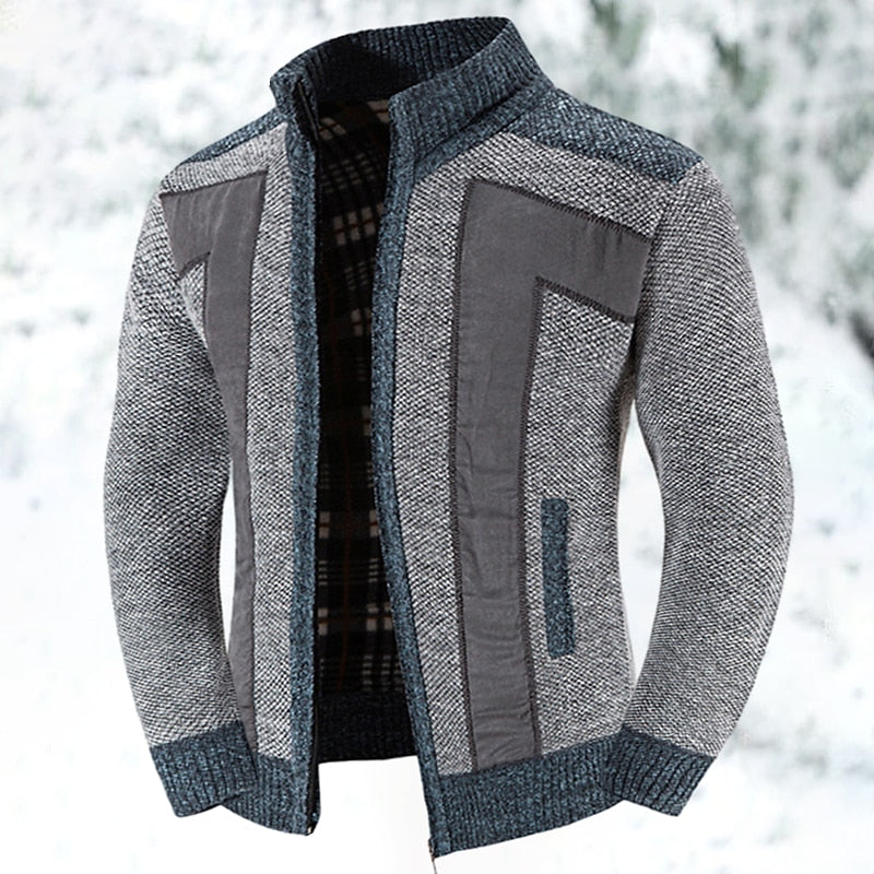 Men’s Textured Zip Cardigan with Stand Collar and Panel Detailing